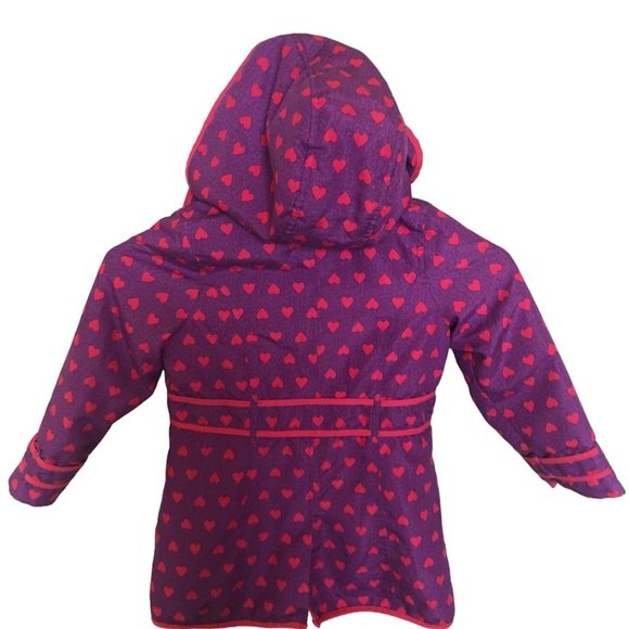 London Fog Hooded Fleece Lined Girls Coat Full Zip Purple with Pink Hearts Sze 5 - Picture 3 of 14